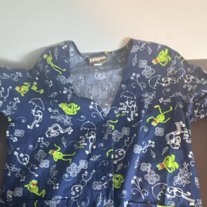 Vintage The Muppets Kermit The Frog Chambray Scrub Top Shirt Blue Cotton Size XS